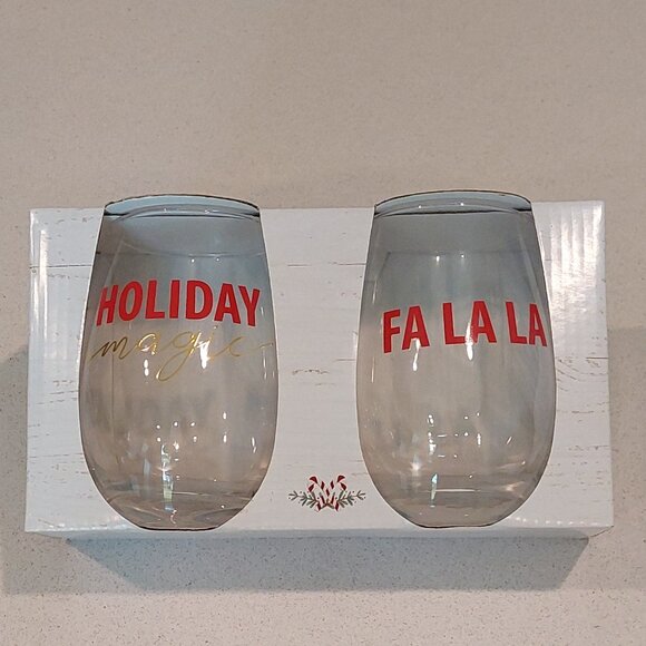 New Holiday Cheer Set of 2 Stemless 18oz Holiday Wind Glasses - Picture 1 of 5
